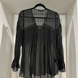 All Saints Black Sheer Striped Long Sleeve Shirted Top with String Tie Medium